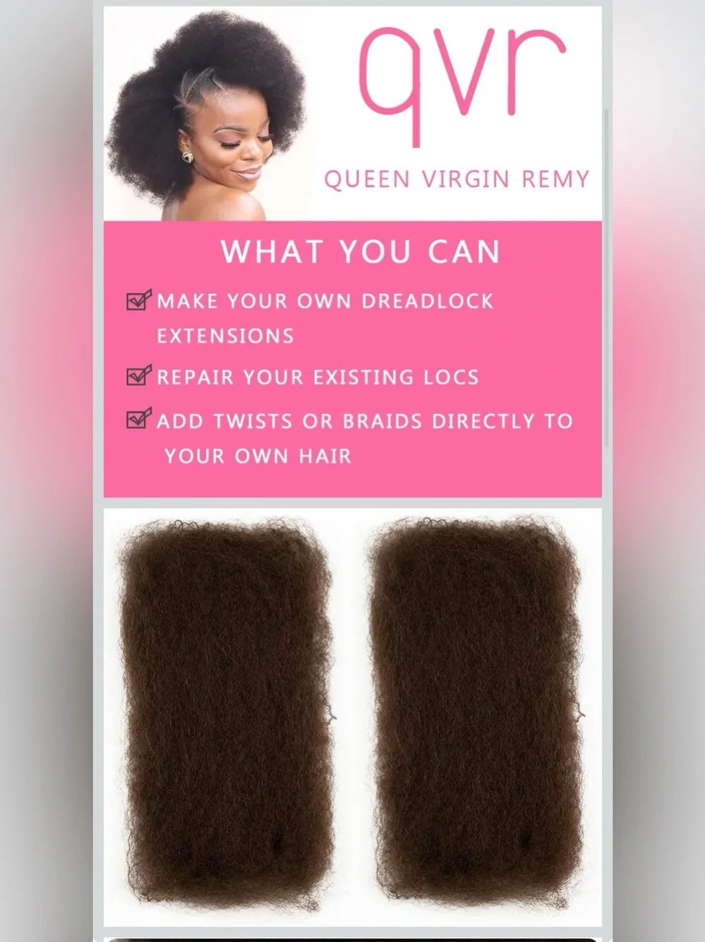 QVR Afro Kinkys Bulk Human Hair for Dreadlock Extensions Repair Locs 50 Gram/